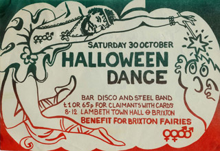 Flyer for benefit dance for gay theatre group Brixton Fairies, 1982